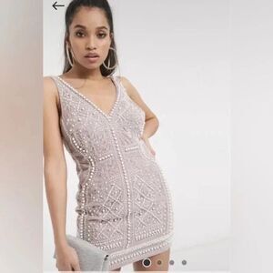 NWT ASOS DESIGN petite light pink pearl velvet embellished mini dress size 2